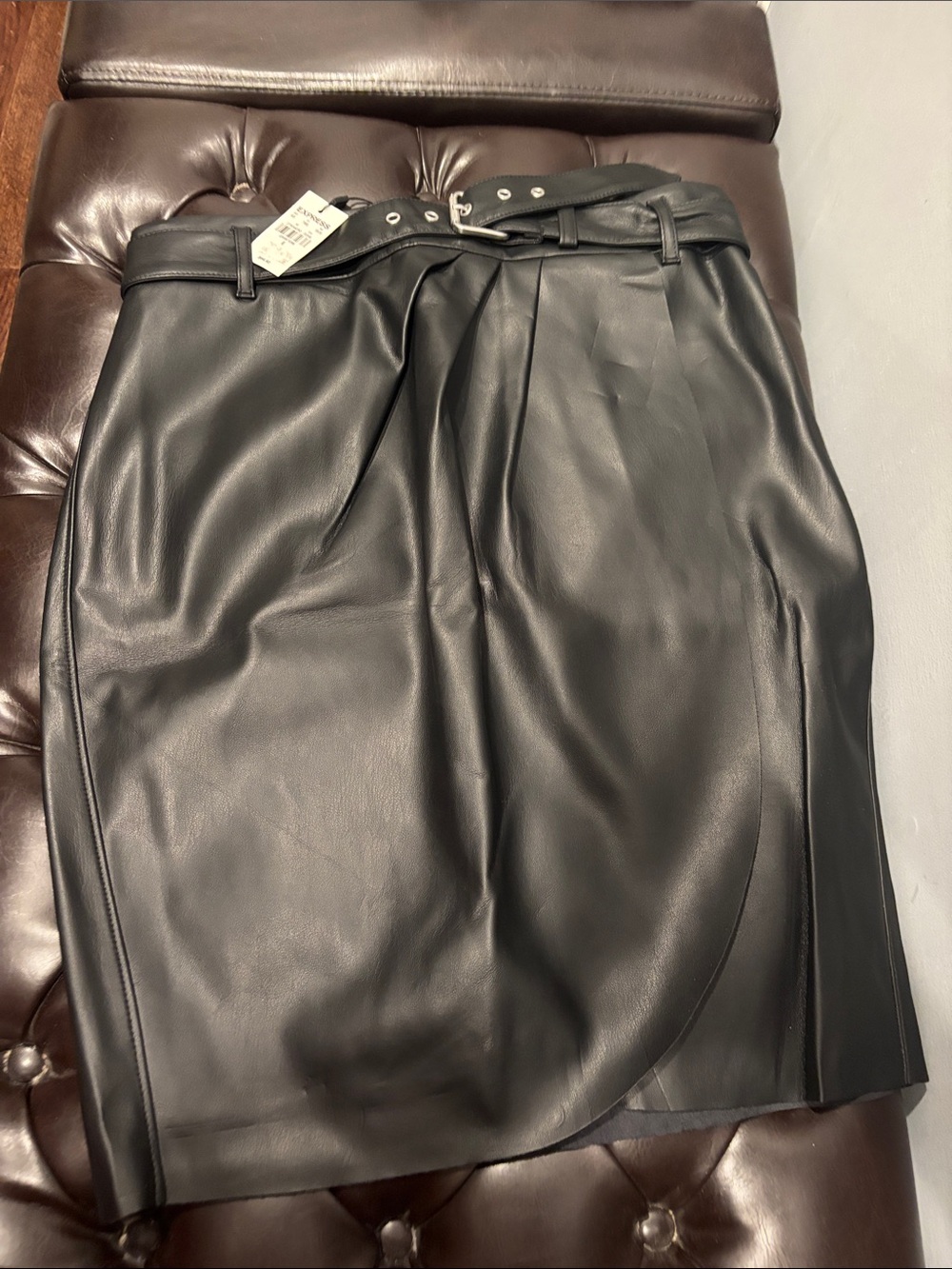Express Black Faux Leather Pencil Skirt with Belt Detail
